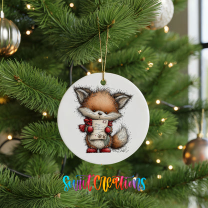 woodland fox in a red hat holding a tiny snowman ceramic Christmas ornament hanging on a lit Christmas tree