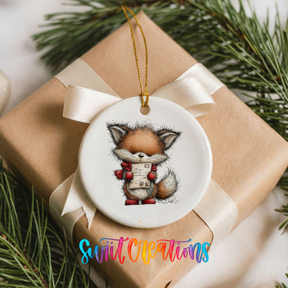 woodland fox in a red hat holding a tiny snowman ceramic Christmas ornament displayed on a wrapped Christmas gift