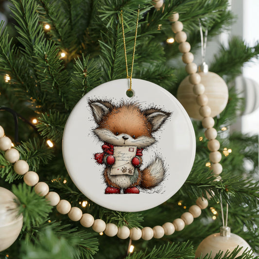 Woodland Fox Holding Snowman ceramic Christmas ornament, front view