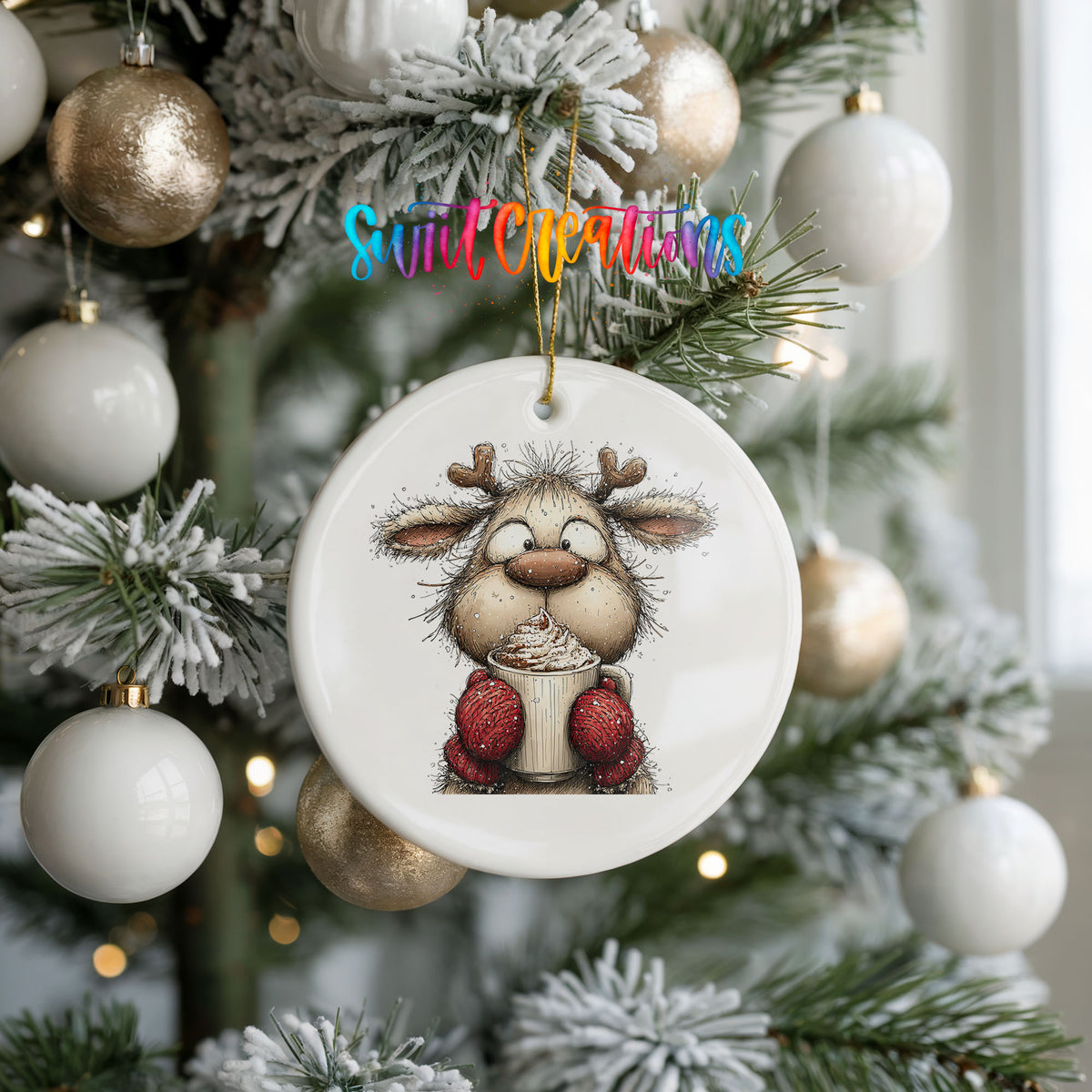 woodland reindeer wearing red mittens ceramic Christmas ornament hanging on a frosted tree with ornaments