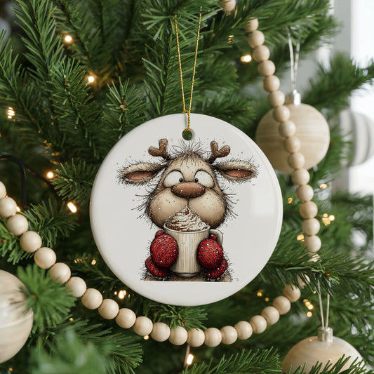 Woodland Reindeer In Red Mittens ceramic Christmas ornament, front view