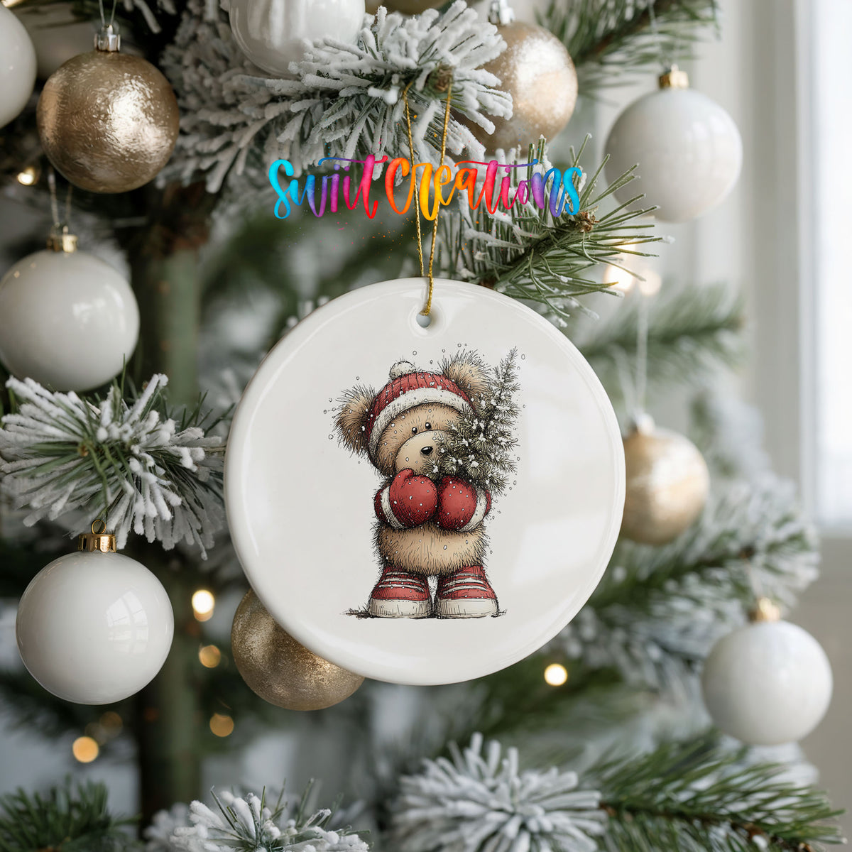 woodland bear in a Santa hat carrying a Christmas tree ceramic Christmas ornament hanging on a frosted tree with ornaments