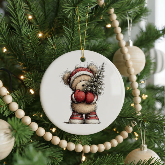 Woodland Bear Carrying Christmas Tree ceramic Christmas ornament, front view