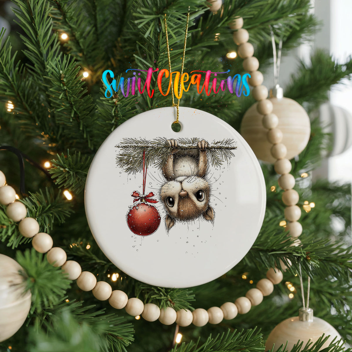 woodland owl hanging upside down with a red ornament ceramic Christmas ornament hanging on a green Christmas tree