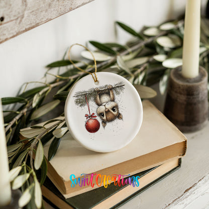 woodland owl hanging upside down with a red ornament ceramic Christmas ornament styled on stacked books with greenery