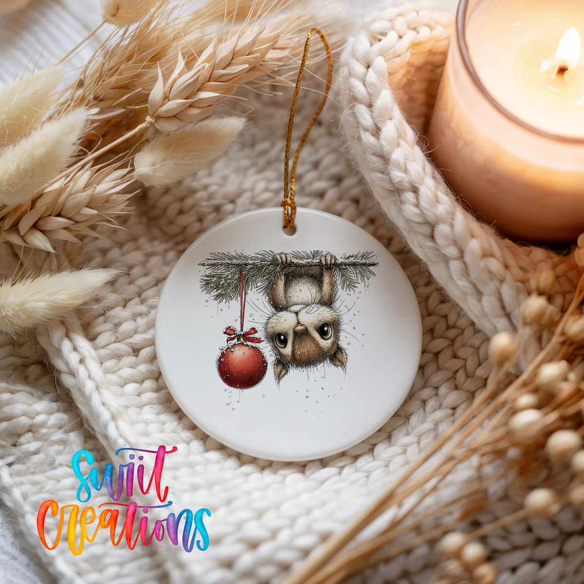 woodland owl hanging upside down with a red ornament ceramic Christmas ornament styled on a cozy knit blanket