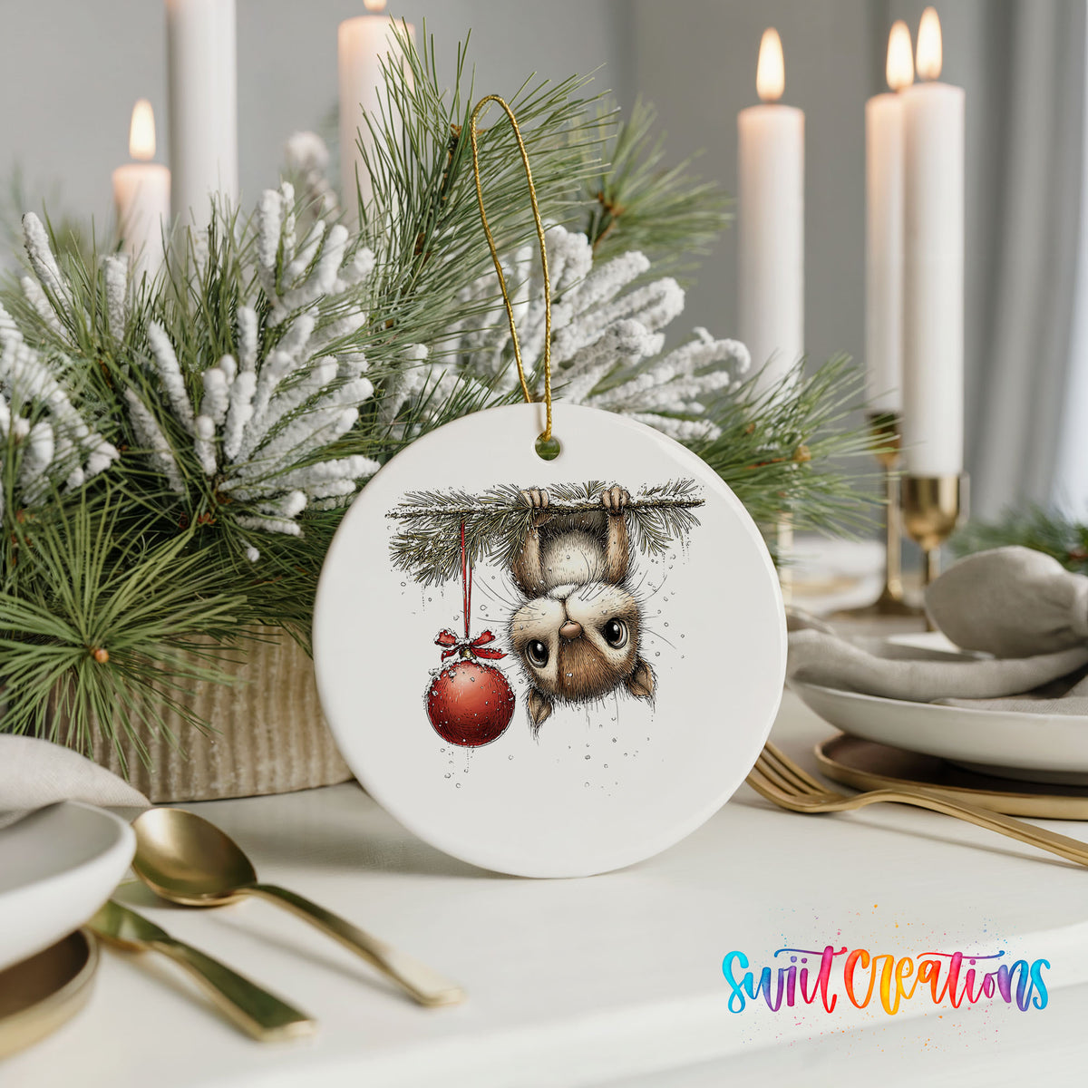 woodland owl hanging upside down with a red ornament ceramic Christmas ornament shown in a holiday table setting