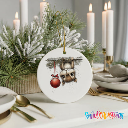 woodland owl hanging upside down with a red ornament ceramic Christmas ornament shown in a holiday table setting