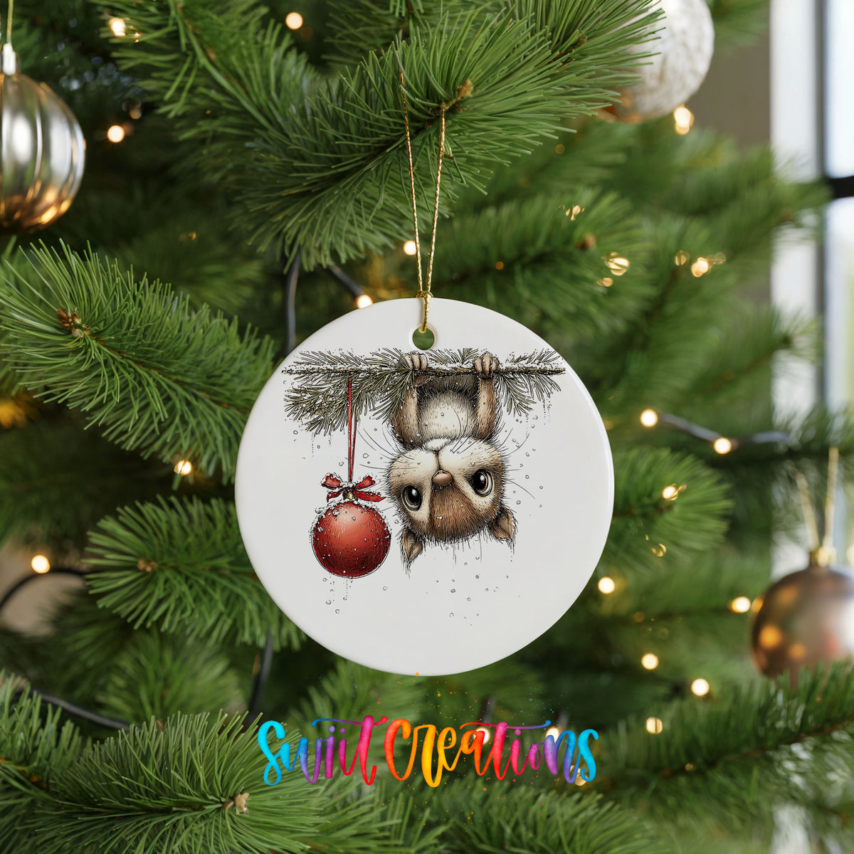woodland owl hanging upside down with a red ornament ceramic Christmas ornament hanging on a lit Christmas tree
