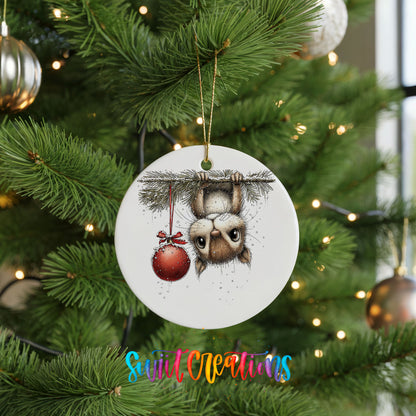 woodland owl hanging upside down with a red ornament ceramic Christmas ornament hanging on a lit Christmas tree