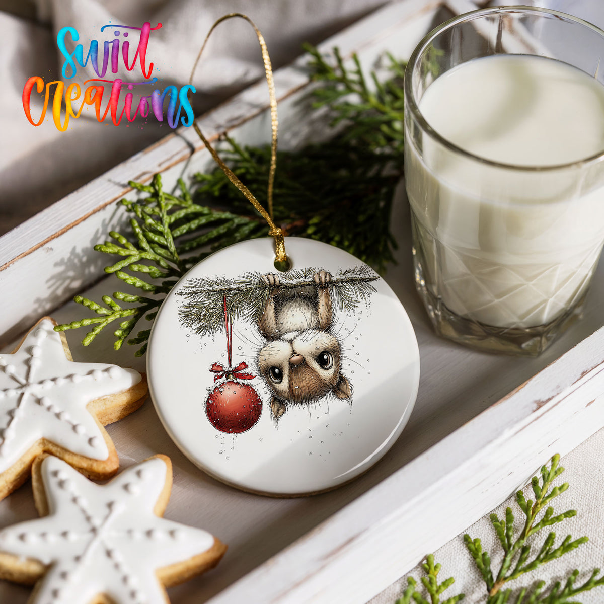 woodland owl hanging upside down with a red ornament ceramic Christmas ornament styled with holiday cookies and a candle
