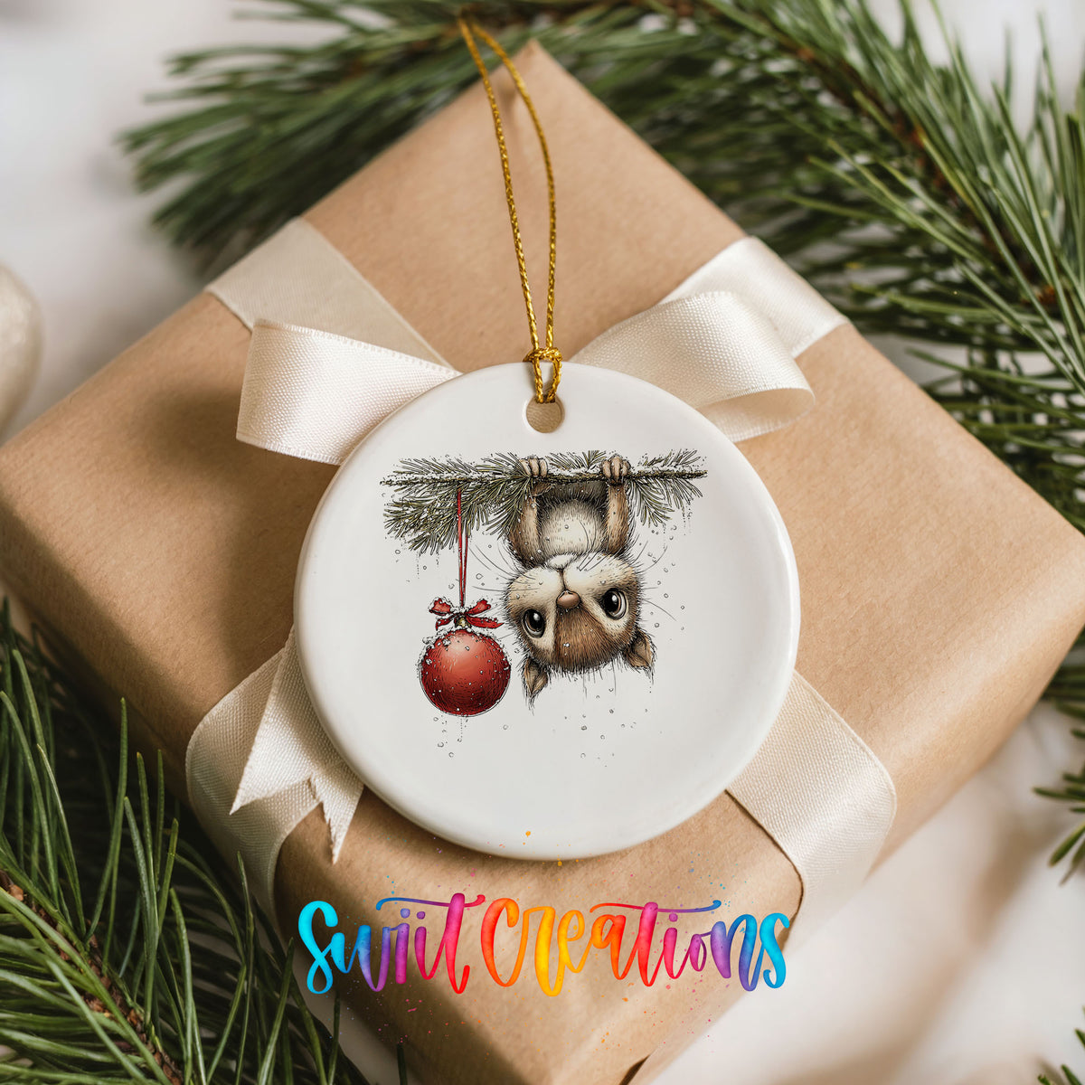 woodland owl hanging upside down with a red ornament ceramic Christmas ornament displayed on a wrapped Christmas gift