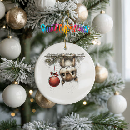 woodland owl hanging upside down with a red ornament ceramic Christmas ornament hanging on a frosted tree with ornaments
