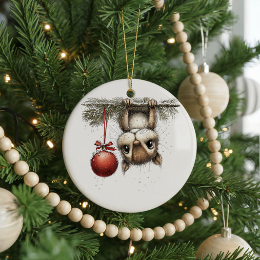 Upside Down Woodland Owl ceramic Christmas ornament, front view
