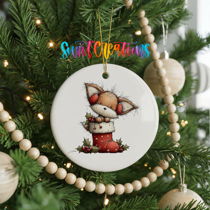 woodland fox sitting in a red Christmas stocking ceramic Christmas ornament hanging on a green Christmas tree