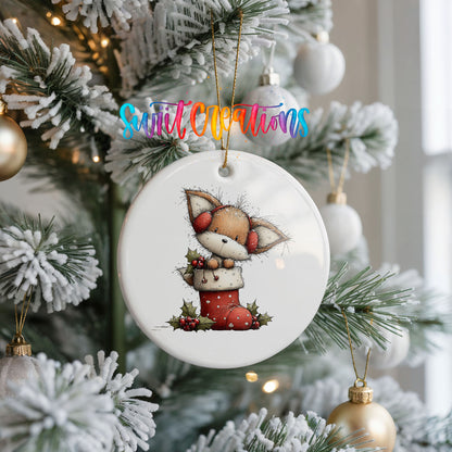 woodland fox sitting in a red Christmas stocking ceramic Christmas ornament hanging on a frosted Christmas tree