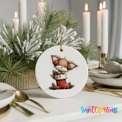woodland fox sitting in a red Christmas stocking ceramic Christmas ornament shown in a holiday table setting