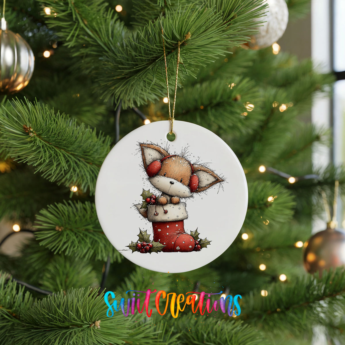 woodland fox sitting in a red Christmas stocking ceramic Christmas ornament hanging on a lit Christmas tree