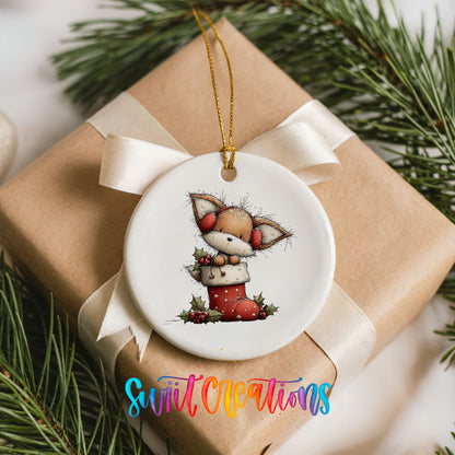 woodland fox sitting in a red Christmas stocking ceramic Christmas ornament displayed on a wrapped Christmas gift