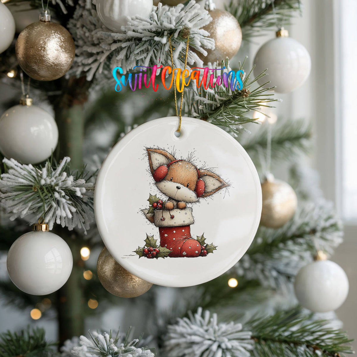 woodland fox sitting in a red Christmas stocking ceramic Christmas ornament hanging on a frosted tree with ornaments
