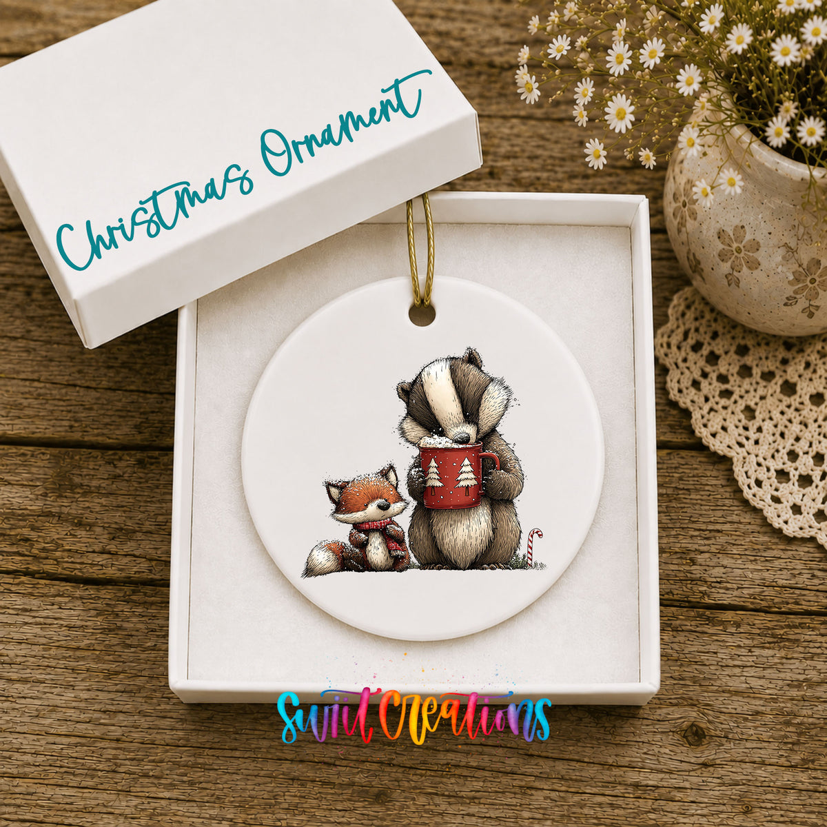woodland badger and fox in winter scarves ceramic Christmas ornament presented in a gift box