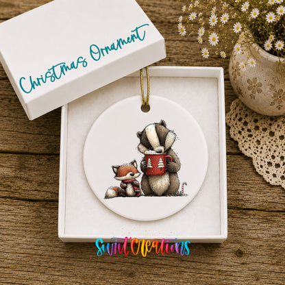 woodland badger and fox in winter scarves ceramic Christmas ornament presented in a gift box