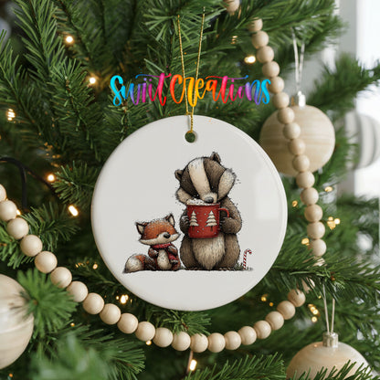 woodland badger and fox in winter scarves ceramic Christmas ornament hanging on a green Christmas tree