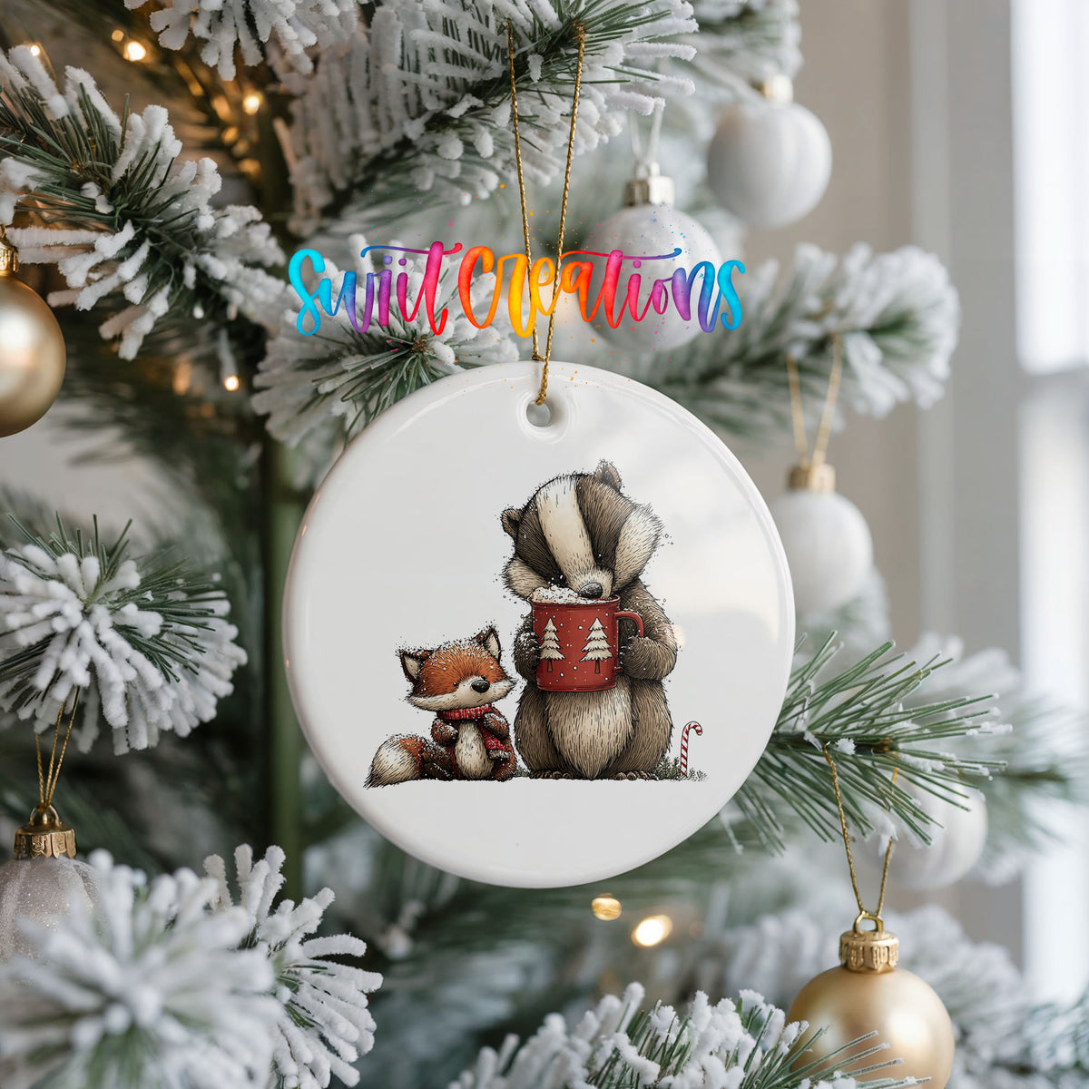 woodland badger and fox in winter scarves ceramic Christmas ornament hanging on a frosted Christmas tree