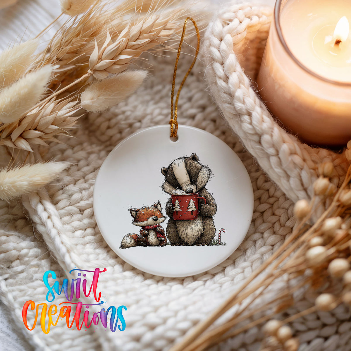woodland badger and fox in winter scarves ceramic Christmas ornament styled on a cozy knit blanket
