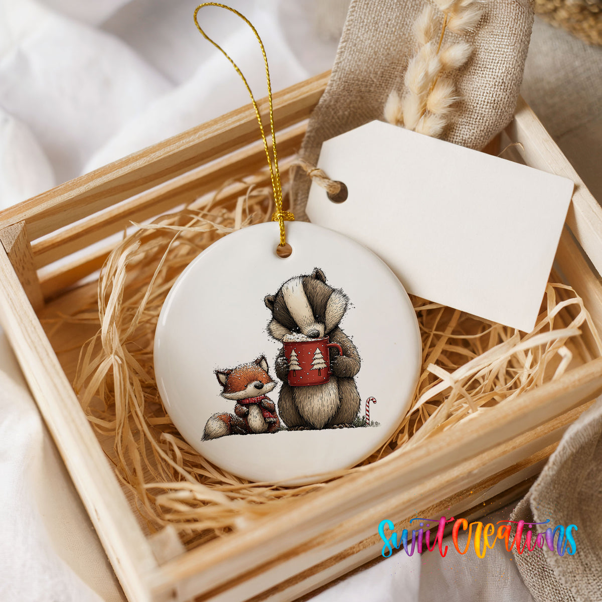 woodland badger and fox in winter scarves ceramic Christmas ornament displayed in a wooden gift crate