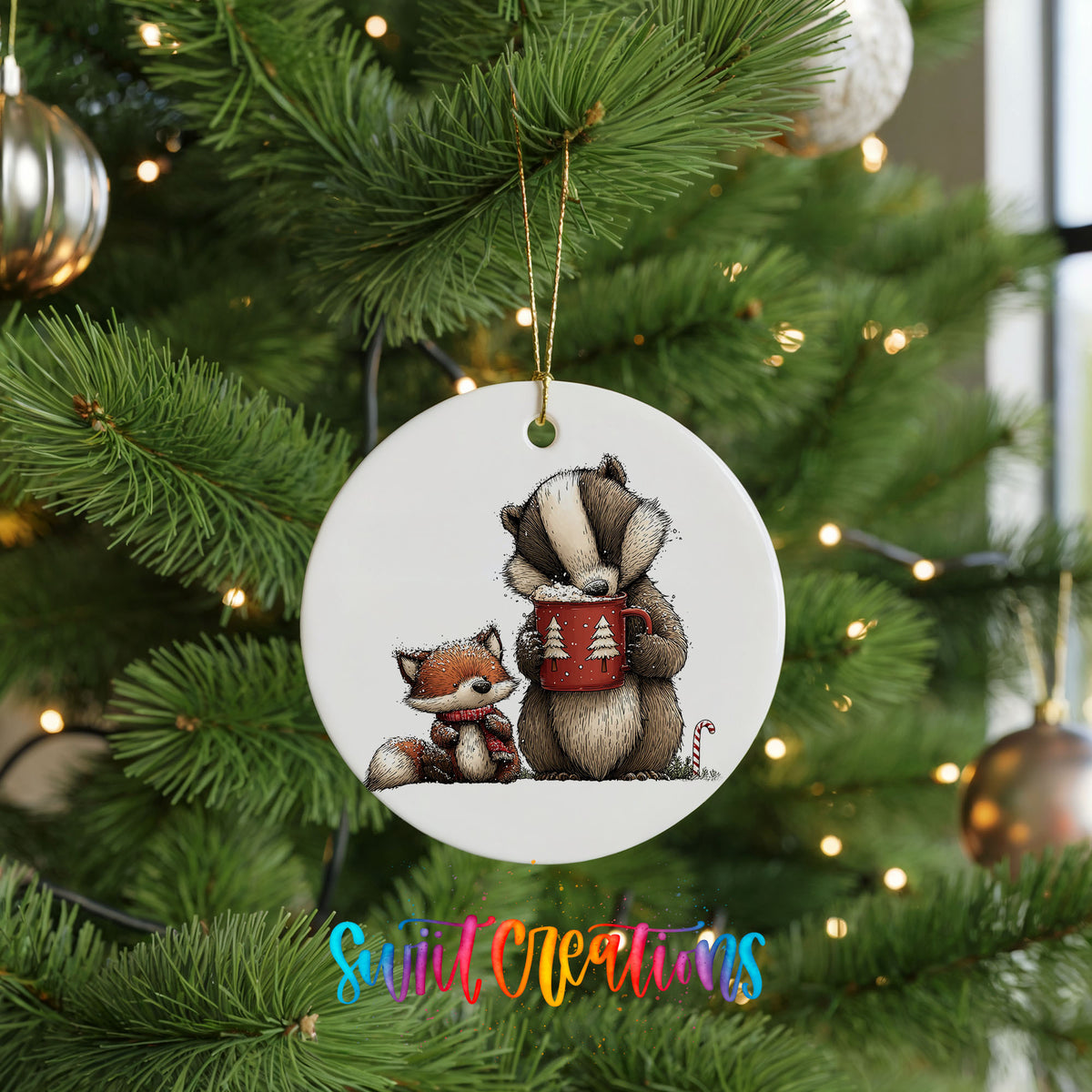 woodland badger and fox in winter scarves ceramic Christmas ornament hanging on a lit Christmas tree
