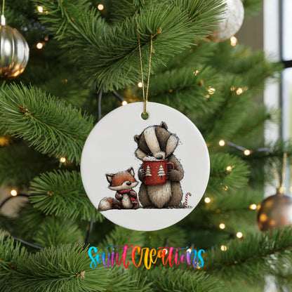 woodland badger and fox in winter scarves ceramic Christmas ornament hanging on a lit Christmas tree
