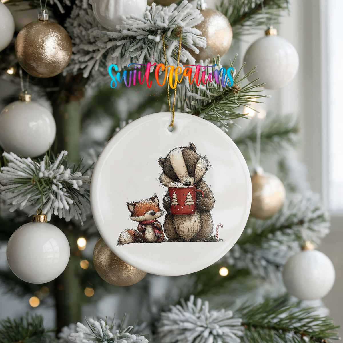 woodland badger and fox in winter scarves ceramic Christmas ornament hanging on a frosted tree with ornaments