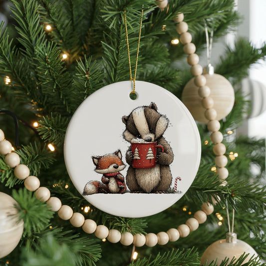 Woodland Badger And Fox ceramic Christmas ornament, front view
