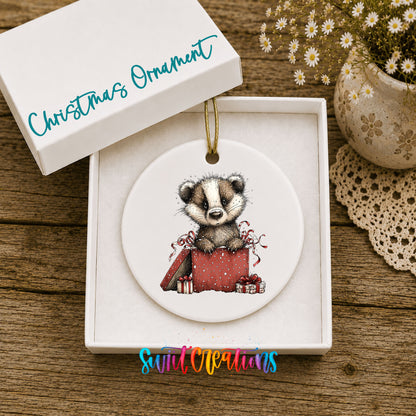 woodland badger carrying a red Christmas gift sack ceramic Christmas ornament presented in a gift box