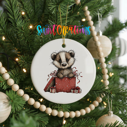 woodland badger carrying a red Christmas gift sack ceramic Christmas ornament hanging on a green Christmas tree