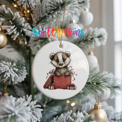 woodland badger carrying a red Christmas gift sack ceramic Christmas ornament hanging on a frosted Christmas tree