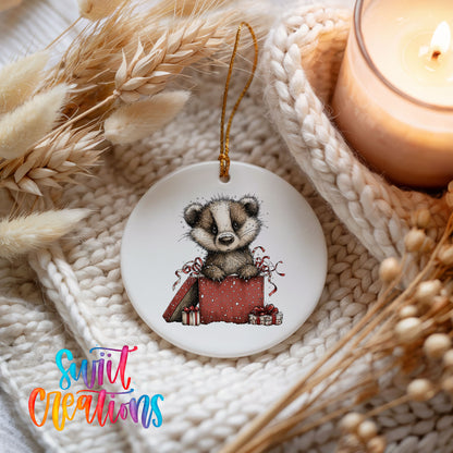 woodland badger carrying a red Christmas gift sack ceramic Christmas ornament styled on a cozy knit blanket
