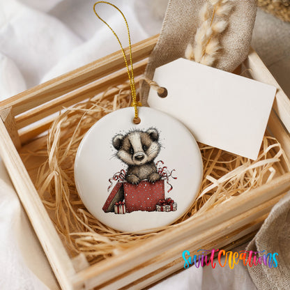 woodland badger carrying a red Christmas gift sack ceramic Christmas ornament displayed in a wooden gift crate