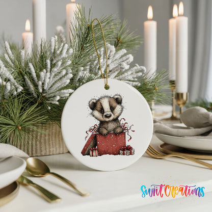 woodland badger carrying a red Christmas gift sack ceramic Christmas ornament shown in a holiday table setting