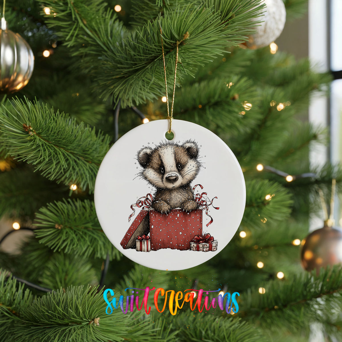 woodland badger carrying a red Christmas gift sack ceramic Christmas ornament hanging on a lit Christmas tree