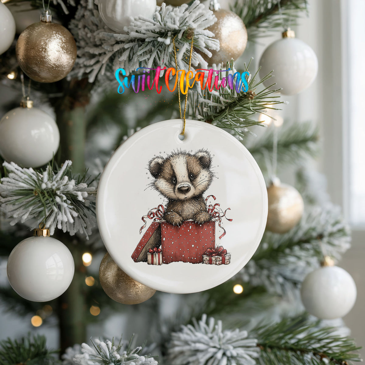 woodland badger carrying a red Christmas gift sack ceramic Christmas ornament hanging on a frosted tree with ornaments