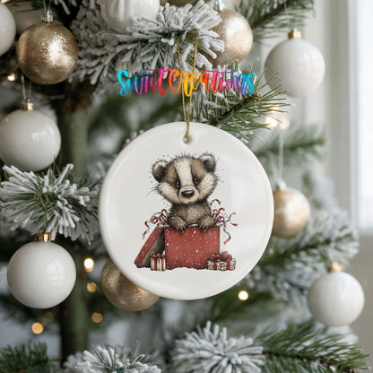 woodland badger carrying a red Christmas gift sack ceramic Christmas ornament hanging on a frosted tree with ornaments