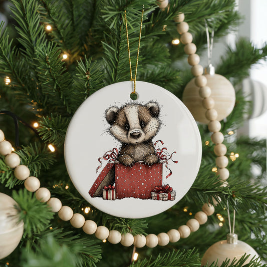 Woodland Badger With Christmas Gift Sack ceramic Christmas ornament, front view