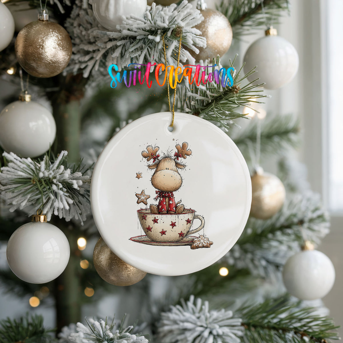 woodland reindeer sitting in a holiday teacup ceramic Christmas ornament hanging on a frosted tree with ornaments