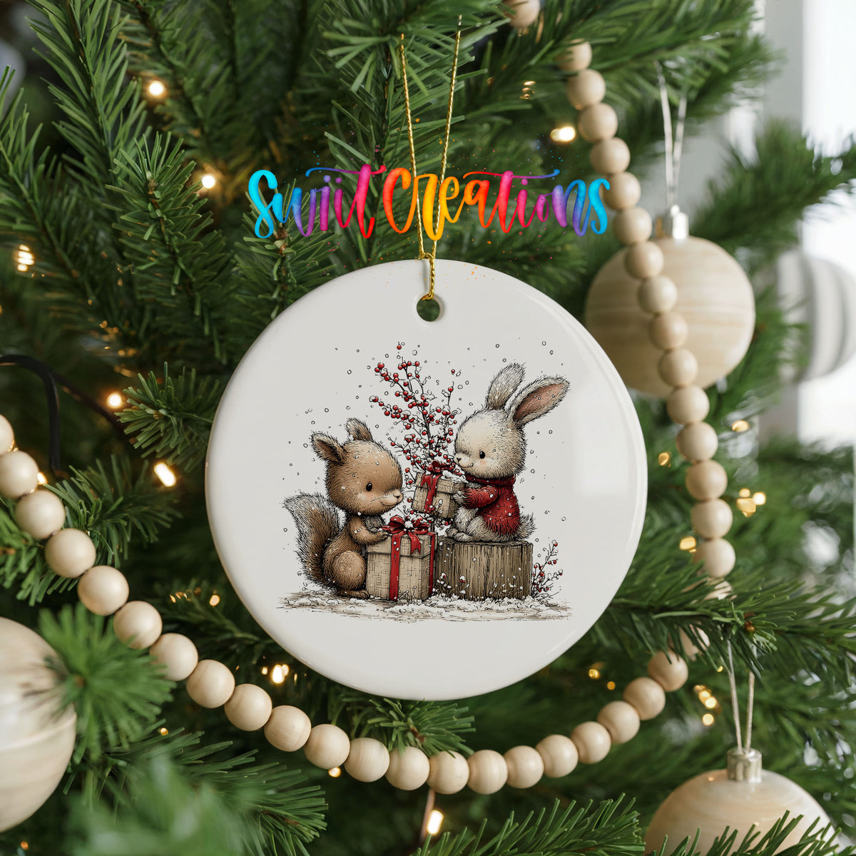 woodland squirrel and rabbit with Christmas gifts ceramic Christmas ornament hanging on a green Christmas tree