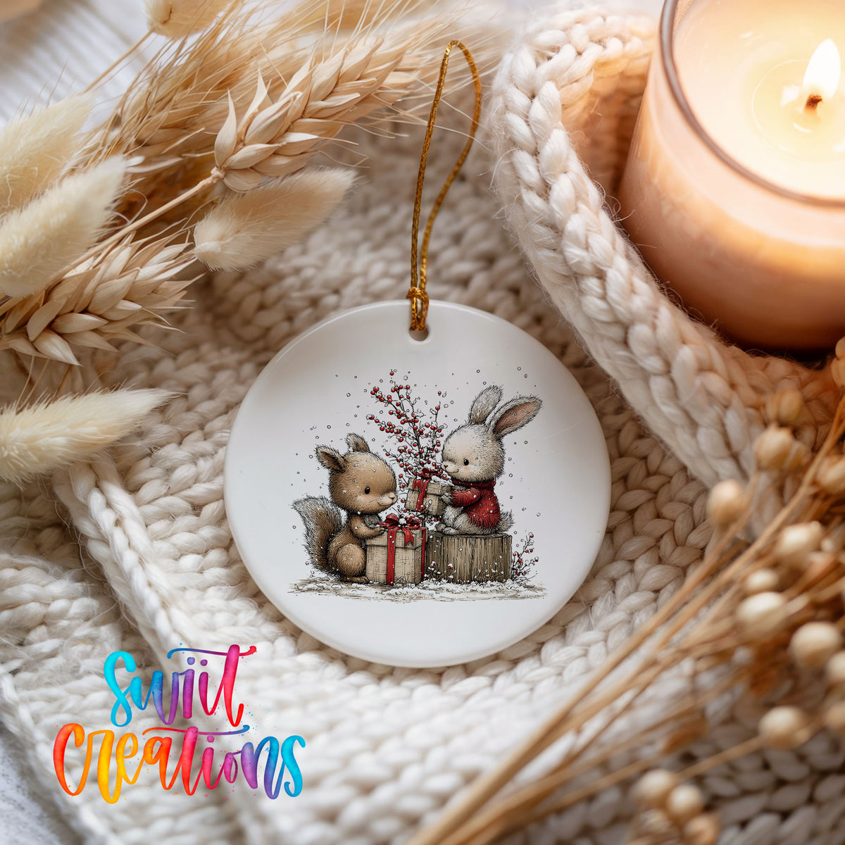woodland squirrel and rabbit with Christmas gifts ceramic Christmas ornament styled on a cozy knit blanket