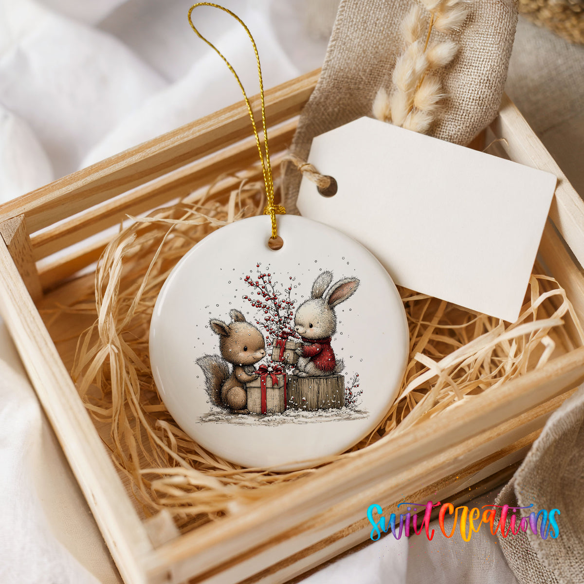 woodland squirrel and rabbit with Christmas gifts ceramic Christmas ornament displayed in a wooden gift crate