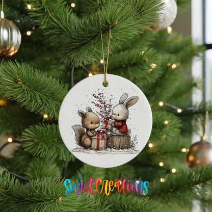 woodland squirrel and rabbit with Christmas gifts ceramic Christmas ornament hanging on a lit Christmas tree