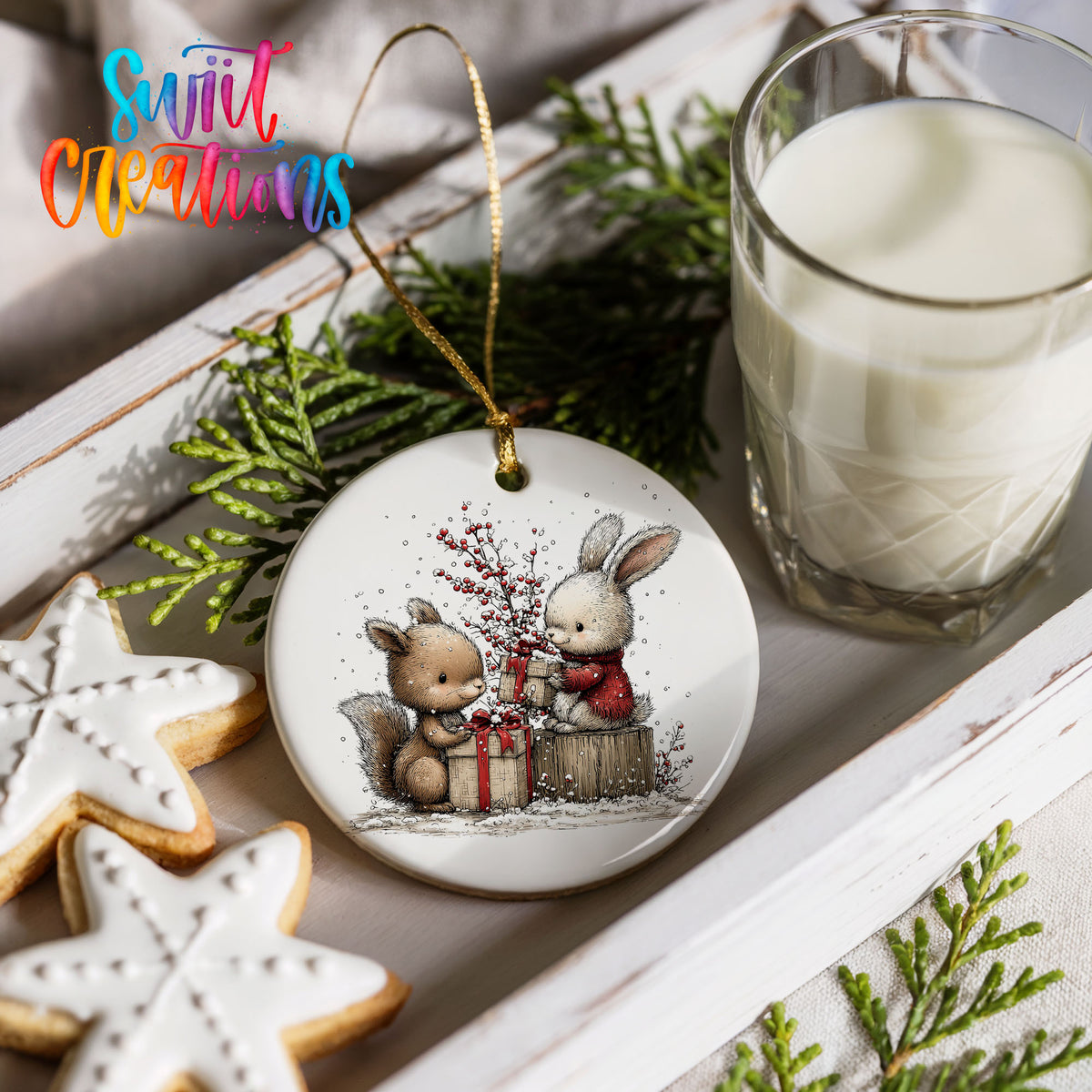 woodland squirrel and rabbit with Christmas gifts ceramic Christmas ornament styled with holiday cookies and a candle